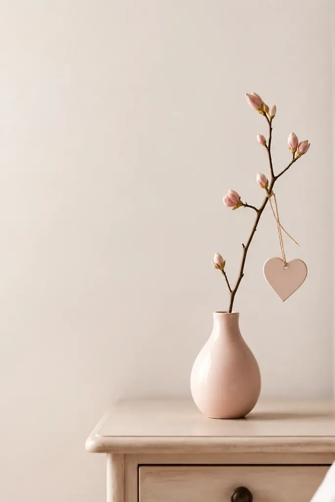 A small blush-toned vase on a nightstand holding one thin branch with a few blush-pink buds. A small heart tag hangs from the branch with twine. The setup is minimal, with lots of negative space around the vase.