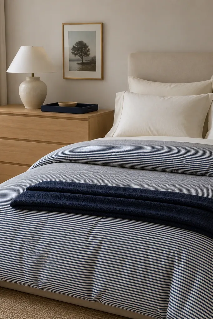 A bedroom bed dressed with a navy-and-cream thin stripe duvet, cream percale pillowcases, and a small navy throw folded at the foot. A light wood dresser sits to the side with a cream ceramic lamp, a navy tray, and a single framed print in a thin brass frame.
