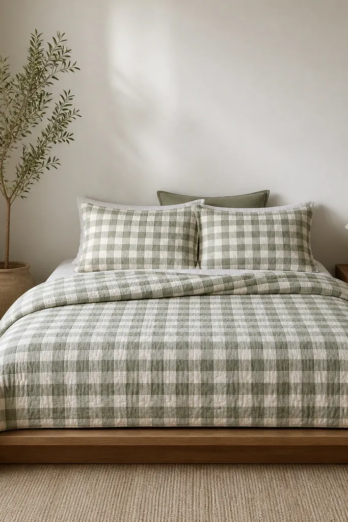 A low platform bed with a cream-and-muted-sage gingham quilt folded at the top. Two matching pillow shams show the gingham pattern, and a small sage cushion sits behind them. The wall behind the bed is painted soft white.