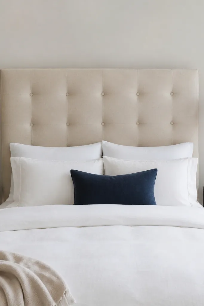 A cream linen headboard taller than the pillows, with subtle tufting. The bed has white bedding and a navy accent pillow. There are two slim nightstands, each with a linen shade lamp and a small framed photo.