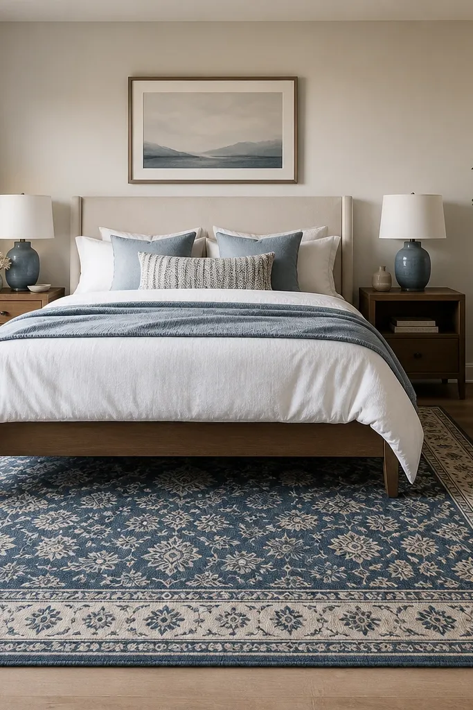 A patterned area rug in navy and cream with a clean border. The rug extends under the bed by about 8 inches on each side. Bare floor is visible only at the far edges near the dresser.
