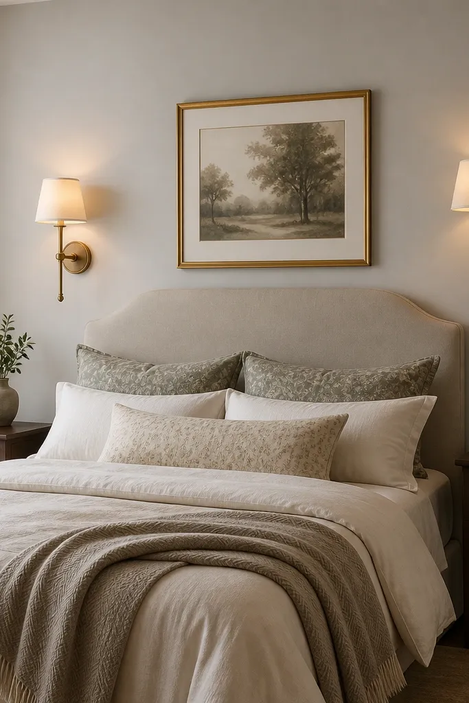 Two matching brass wall sconces with off-white fabric shades flank a framed print above the bed. The bulbs look warm, and the wall is painted a soft neutral. Bedside lamps are removed, leaving the nightstands cleaner.