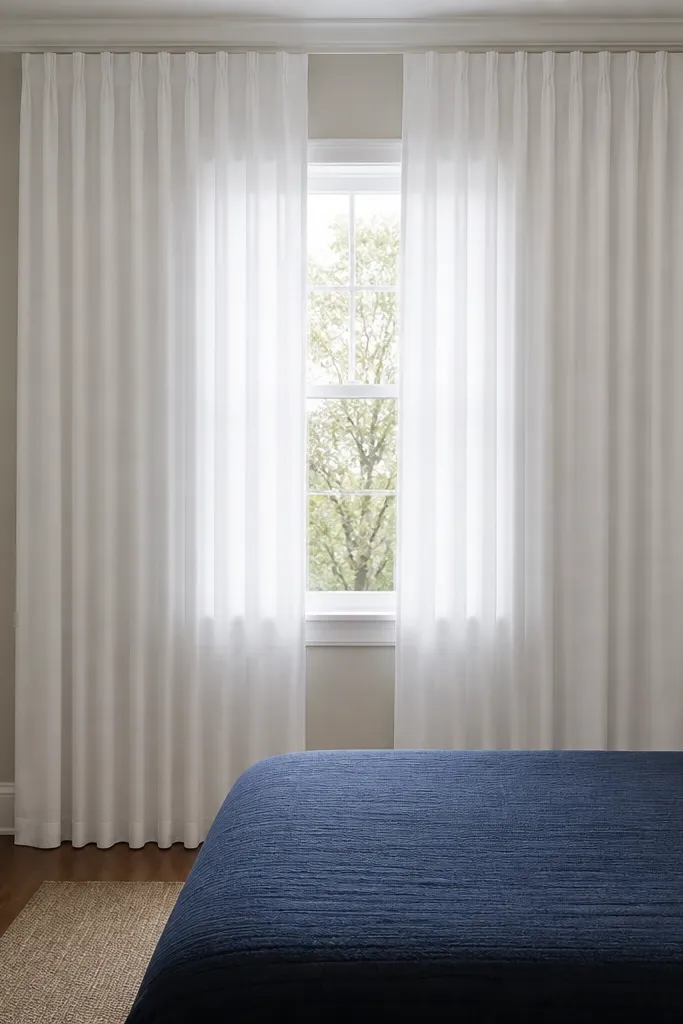 Window curtains in white crisp cotton, hung close to the ceiling. The hem is about 2 inches, and the fabric falls in straight folds. A simple navy bedspread sits below the window.