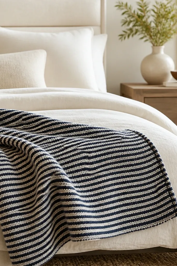 A navy-and-cream narrow striped throw blanket draped over the corner of the bed. The throw has a folded edge and a visible knit texture. The rest of the bedding is mostly solid cream.