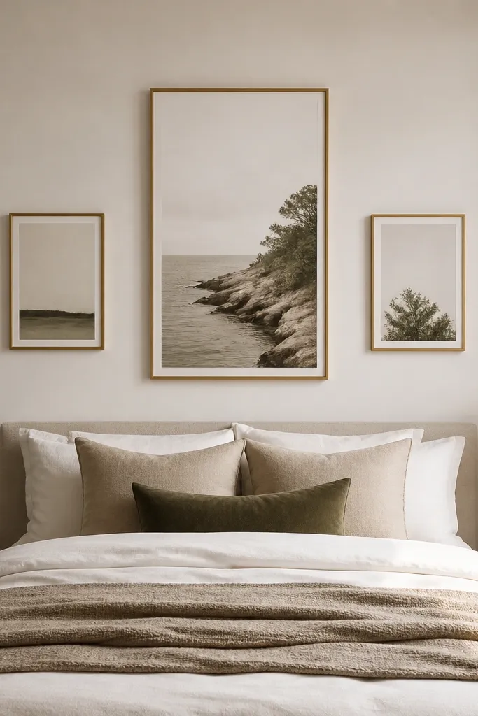 A framed vertical print centered above the bed, taller than the surrounding frames. Two smaller frames sit on either side at eye level. The frames are all thin brass, and the wall is painted warm white.