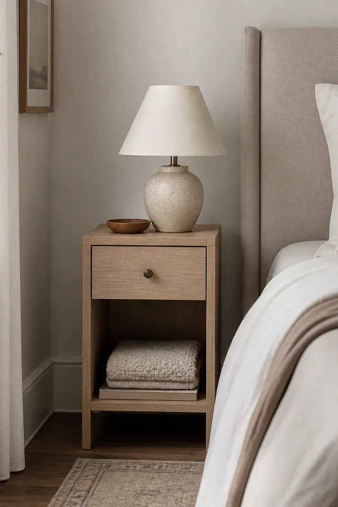 A small bedroom with a narrow nightstand that has one drawer and an open shelf. The drawer holds small items, while the shelf shows a folded throw and a slim book. A minimal lamp with a cream shade sits on top.