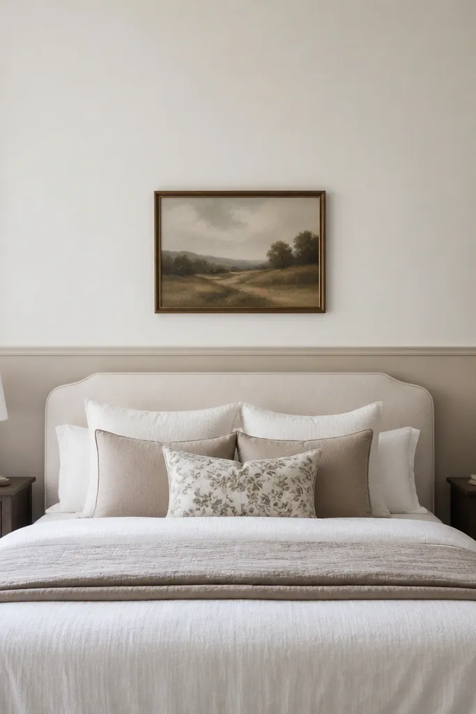 A bedroom wall painted warm white with a chair rail running horizontally at about 36 inches. The lower half has a soft greige paint. There's a bed centered beneath, and the wall looks structured with neat lines.