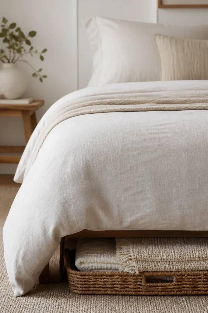 A bed with a small gap to the floor. A woven rattan basket slides under the bed, holding folded throws. The basket is visible only at the front edge, and the bedding looks neat above.