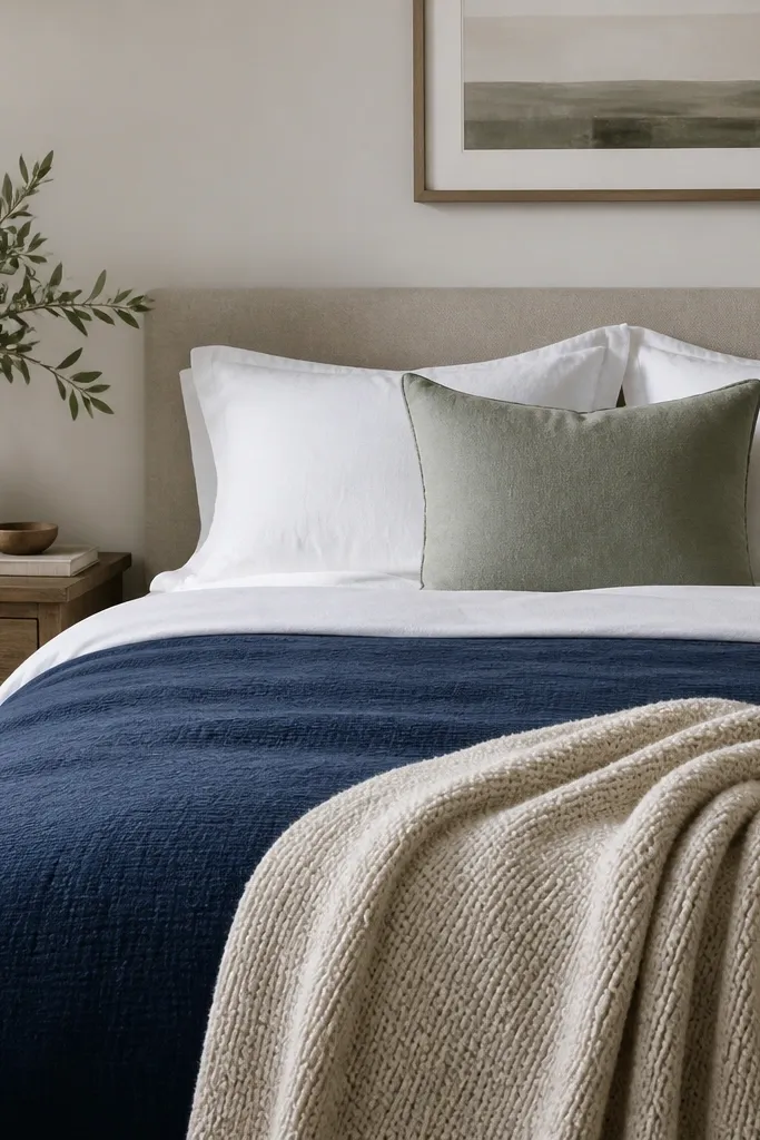 A navy bedspread with crisp white sheets. Two white pillows and one sage accent pillow sit in front. The throw blanket is cream with a subtle knit texture.