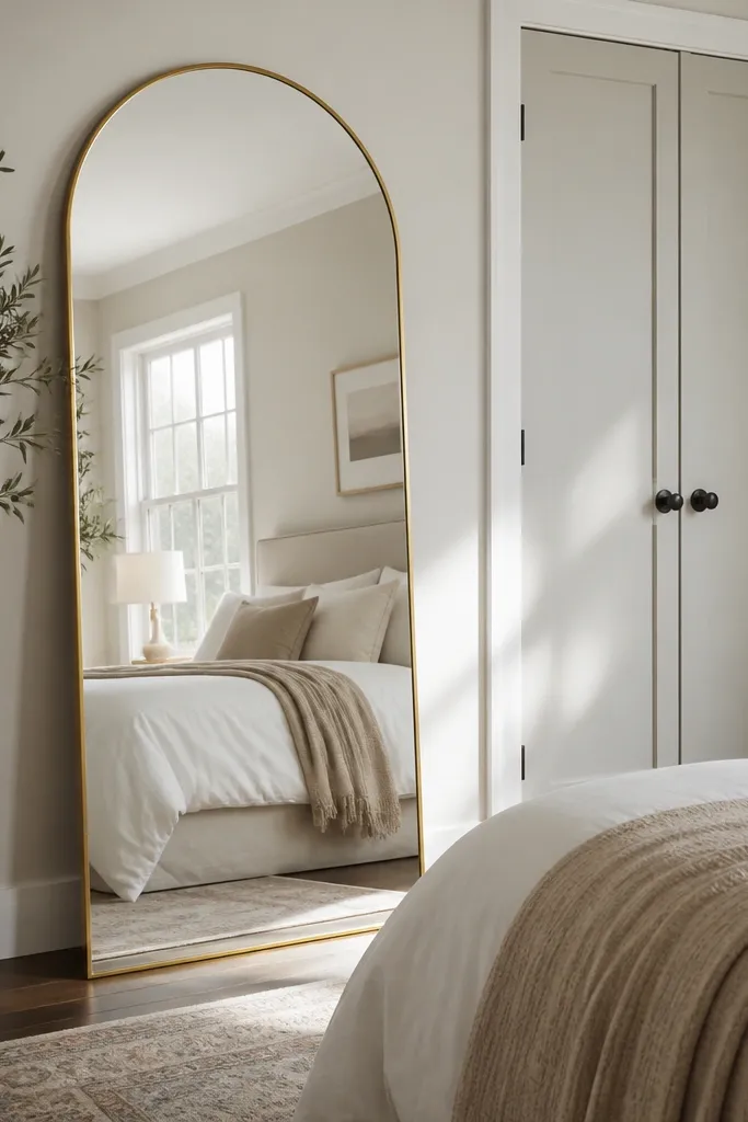 A tall arched mirror with a thin gold frame leaning against the wall beside a closet door. Light from a nearby window reflects onto the bed area, making the room look brighter.