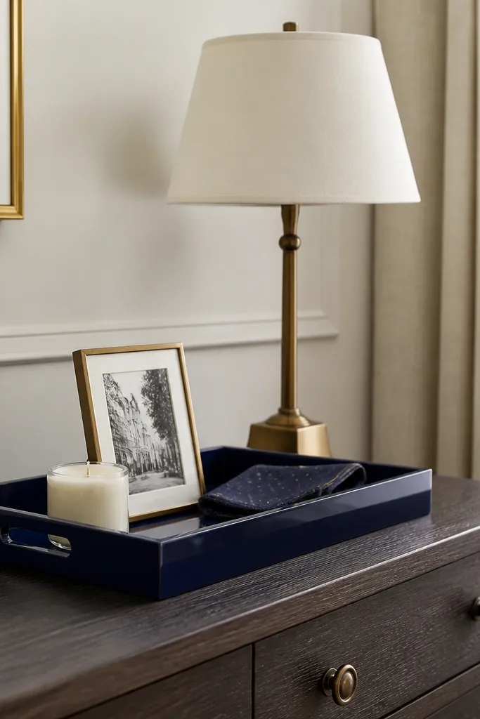 A dresser styled with a navy lacquer tray. Inside the tray are a small cream candle, a slim brass photo frame, and a folded navy pocket square. A single lamp sits behind the tray.