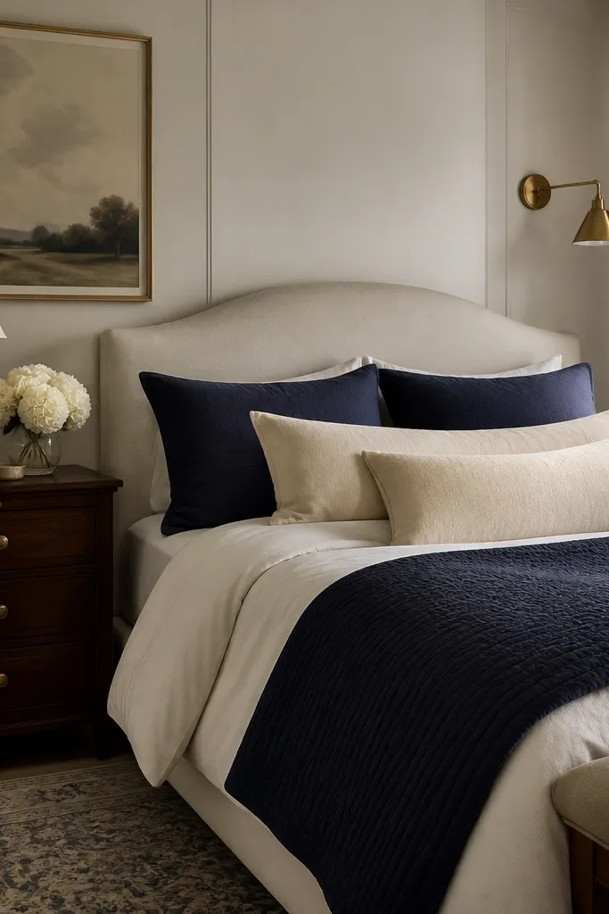 One bedside lamp on the left nightstand and a brass sconce on the right wall. The lamp shade is cream, and the bed has layered pillows in navy and cream.
