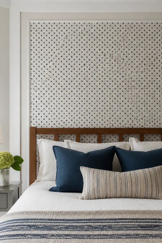 A small bedroom wall behind the bed has removable wallpaper with tiny square pattern in navy and cream. The wallpaper is framed by simple white trim strips, creating a panel effect.