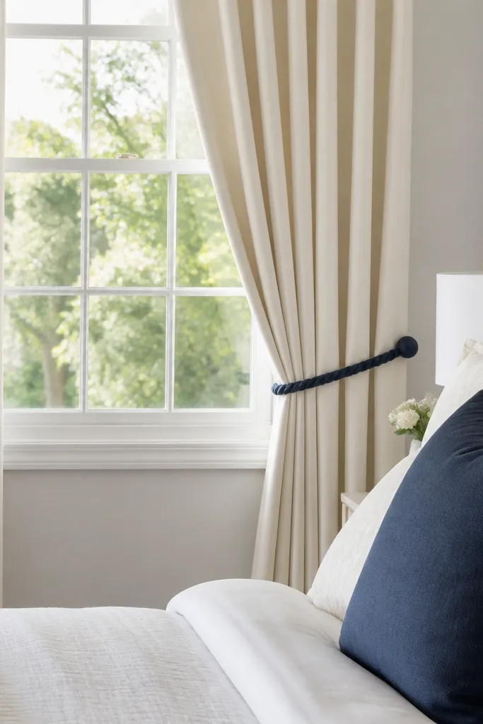 Cream curtains with a navy tieback cord holding them slightly to the side. The window sits above a bed, and the curtain folds are straight and uniform. A navy accent pillow echoes the tieback.