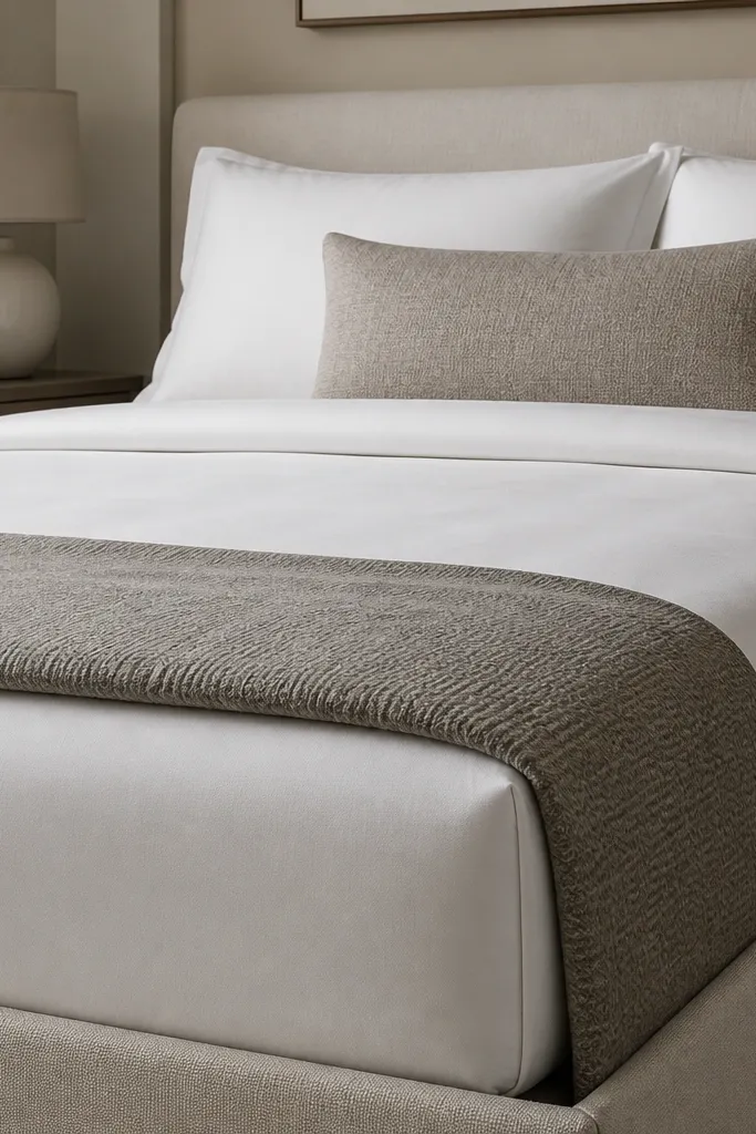 A close view of the bed shows crisp corners: the duvet is tucked tightly at the sides, and the top fold is straight. Pillows sit evenly, and a throw is folded with sharp edges at the foot.