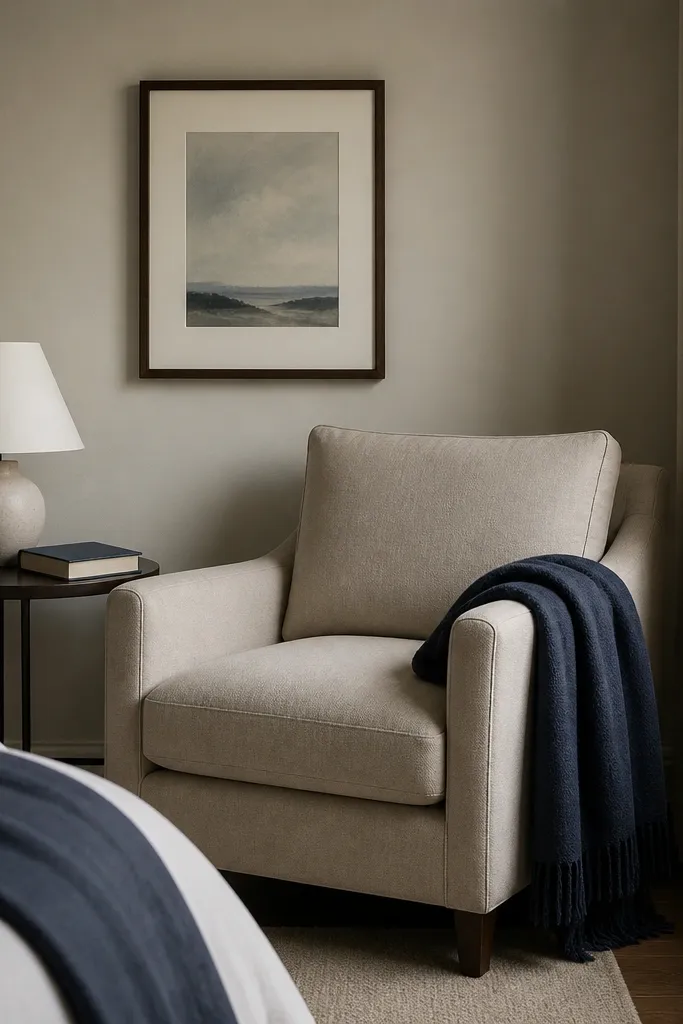 A small reading corner in the bedroom with a single upholstered chair in a neutral fabric. A small round side table holds a lamp and a closed book. A navy throw is draped over the chair arm, and the wall behind is bare except for one framed print.