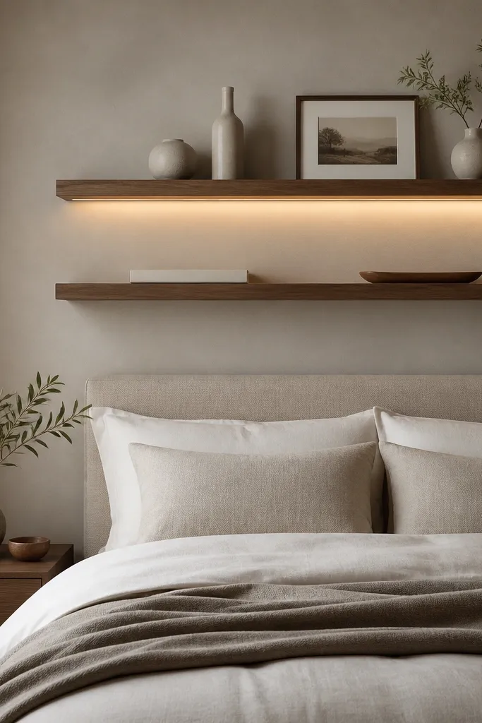 A bedroom wall behind the bed shows two narrow floating shelves spaced evenly. Warm LED strips run along the underside of the top shelf, casting a soft glow. Small ceramic vases and a framed photo sit on the shelves, while the bottom shelf holds a closed book and a tray.