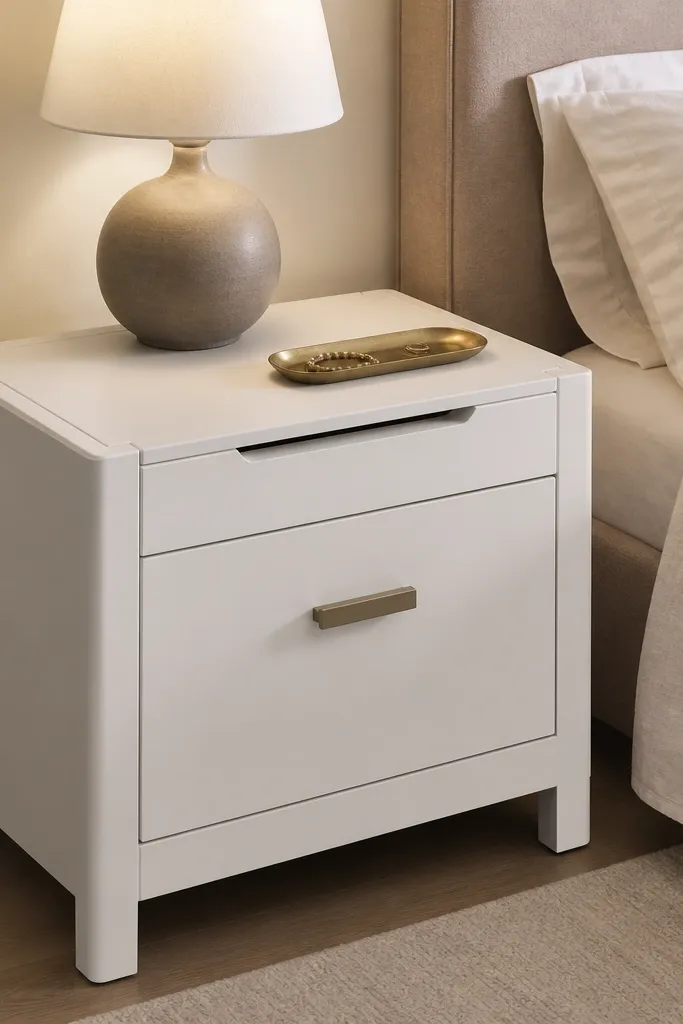 A white nightstand sits next to a bed with a taupe upholstered headboard. The top has a shallow cutout area with a small charging dock inside, covered by a flip panel. A drawer pulls the focus at the front, and the surface holds a warm lamp and a slim tray.