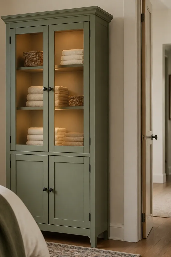 A tall linen cabinet in a hallway-adjacent bedroom has glass panels on top and solid doors below. Soft warm light glows inside the top section, illuminating folded towels and a small basket. The cabinet is painted a muted sage and has black hardware.