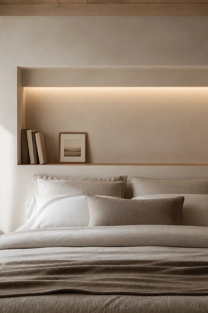 The wall behind the bed has a built-in headboard niche. There's a backlit panel behind the pillows, and a slim ledge runs across the bottom of the niche. Two books and a small framed print sit on the ledge, while the rest stays clear.