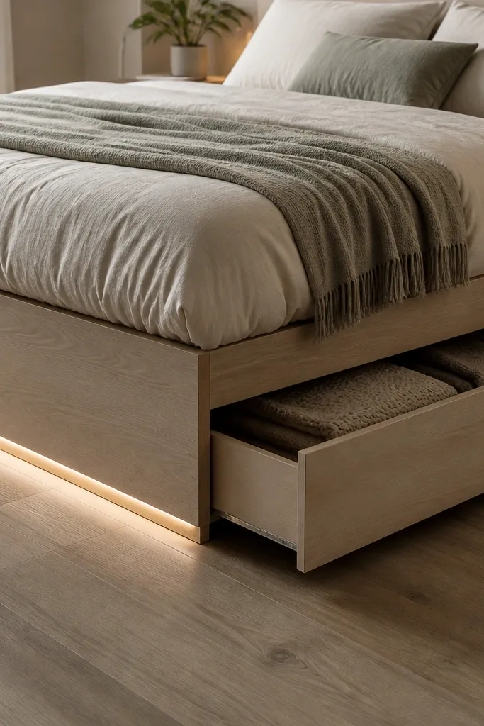 A bed frame has two large under-bed drawers with smooth fronts. A thin LED strip runs along the base on the side of the bed, glowing up slightly. The floor is visible and clean, and the drawers are partially open to show folded blankets.