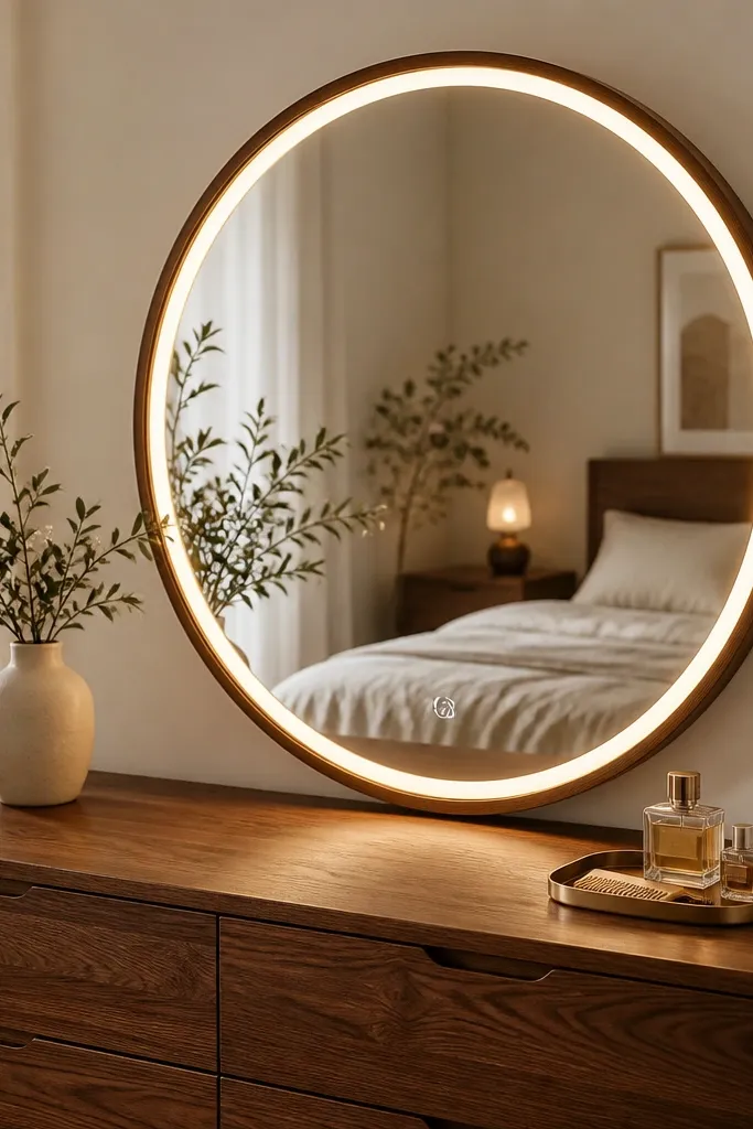 A bedroom dresser in warm wood has a large round mirror above it. The mirror has an integrated LED ring around the frame, glowing evenly. A small tray holds perfume and a comb, and the bulbs cast a soft light on the mirror surface.