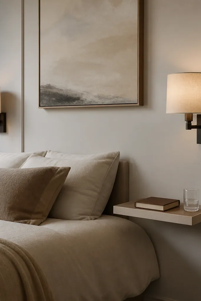 Two wall sconces sit on either side of the bed at head height. Between them is a small pull-out shelf attached to the wall, holding a book and a glass. The sconces have drum shades in soft cream fabric.