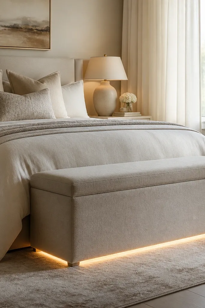 At the foot of the bed is a upholstered storage bench in oatmeal fabric. The bench has a hinged top revealing storage. A rope light runs under the bench along the floor, creating a soft warm line.