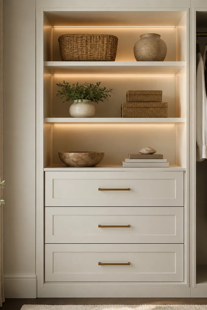 A wardrobe unit has open shelves at the top for baskets and decor, while the lower section has three drawers with matching hardware. Warm LED strips sit inside the open shelf area. The unit is painted a creamy off-white and has brushed brass pulls.