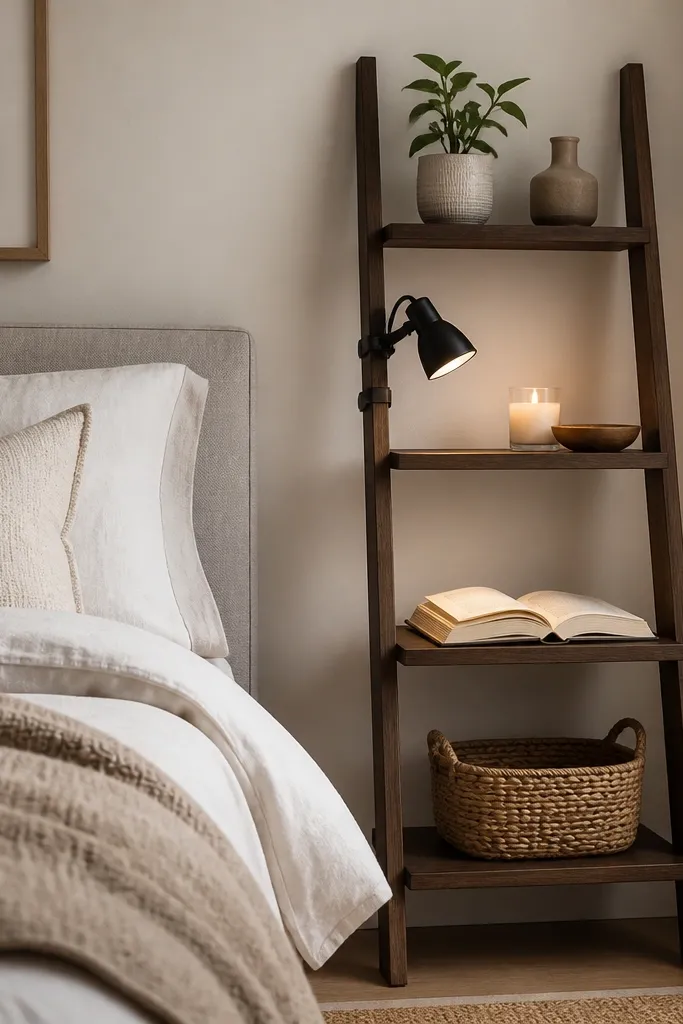A slim ladder-style bookcase sits beside the bed, with three shelves. A small adjustable reading light clips to the shelf edge, pointing down toward a book. The shelves hold a couple of books, a candle, and a small woven basket.