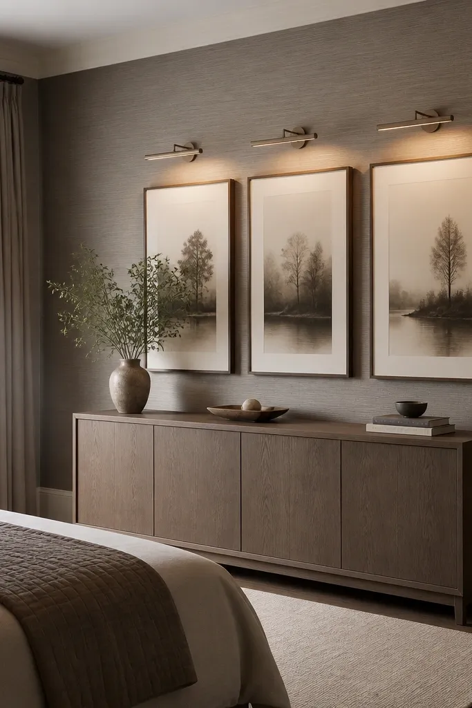 One bedroom wall is covered in subtle textured wallpaper. A closed console cabinet sits under it, and framed prints hang above. Small LED picture lights shine down from above the frames, creating a warm glow on the art.
