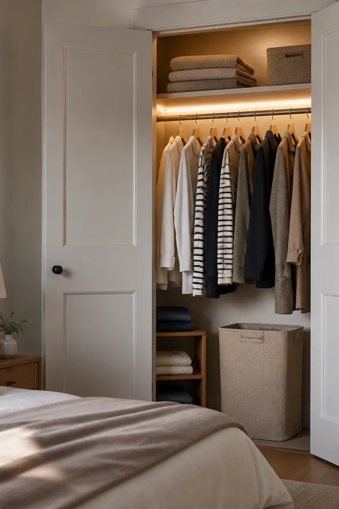 A bedroom closet has doors with a simple panel design. Inside, warm LED strips line the top shelf area, illuminating hanging clothes. A matching fabric hamper sits on the closet floor, and a small shelf holds folded items.