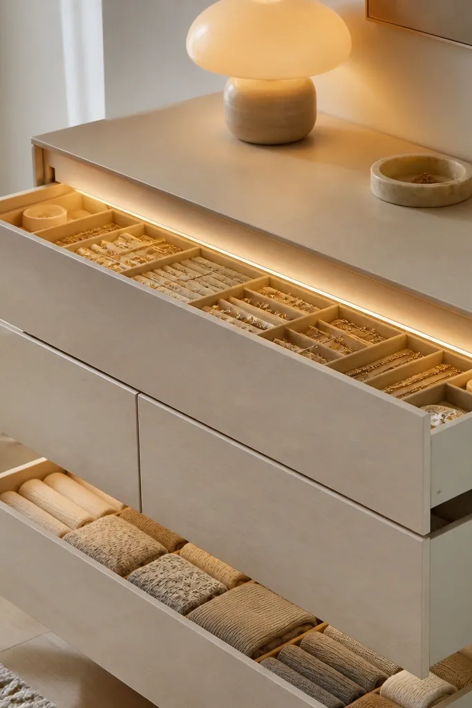 A dresser has drawers with frosted panels on the inside top edges. When open, warm light fills each drawer, revealing organized jewelry compartments and folded socks. A soft lamp sits on top, and the dresser front stays clean when closed.
