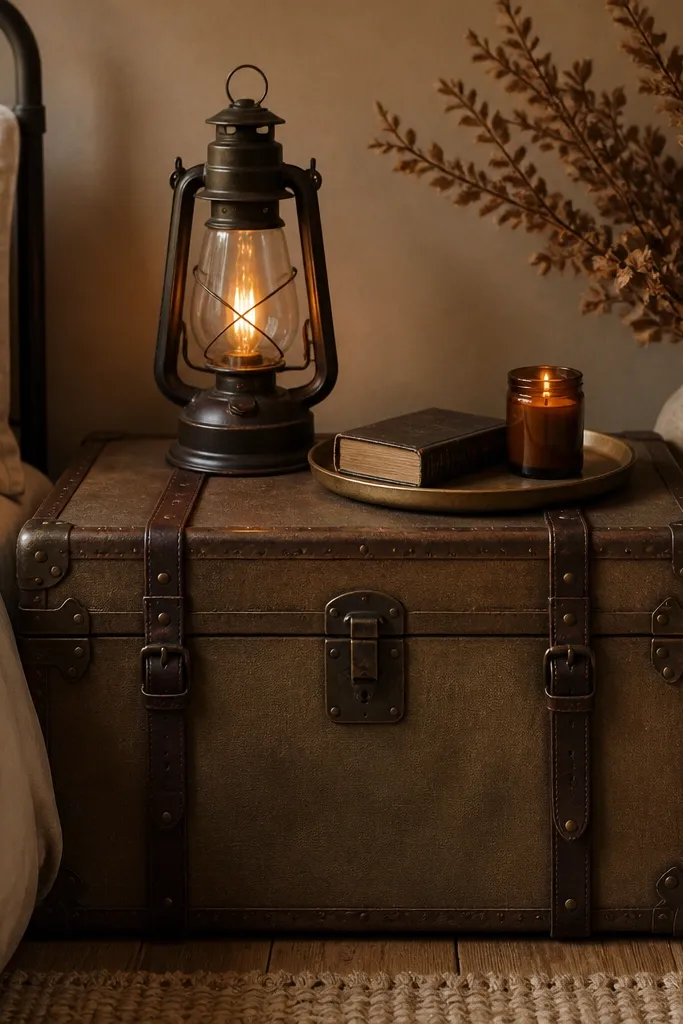 A vintage-style storage trunk sits beside the bed with a hinged lid. A lantern-style lamp rests on top, with a warm amber bulb. The trunk has leather straps, and a small tray holds a book and a candle.