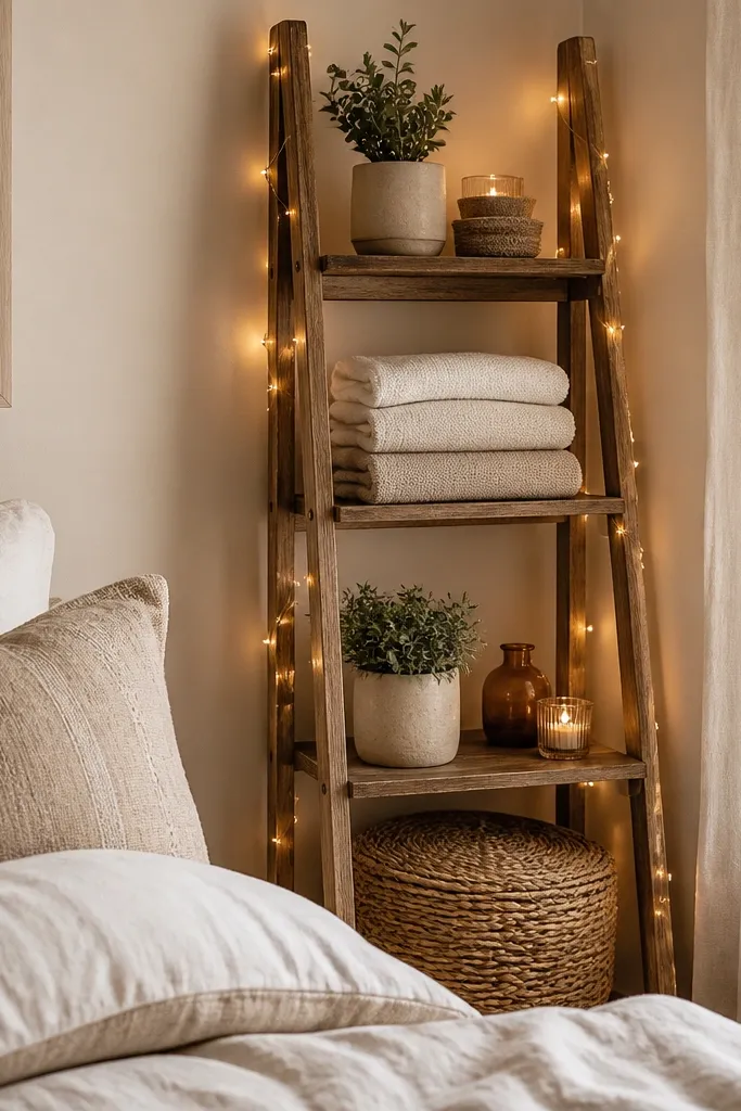 A corner shelf ladder holds folded towels and small decor. Warm fairy lights wrap gently around the ladder rails, and a closed woven basket sits on the lower shelf. The bed bedding is neutral, and the corner looks cozy.