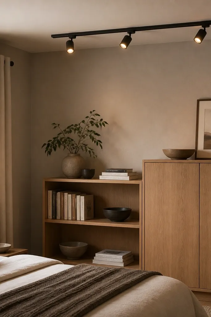 A bedroom has a low profile ceiling track with three adjustable heads. The track lights are on with warm tones. Below, a small open shelving unit holds books and a few decor objects, with a closed cabinet beside it for storage.