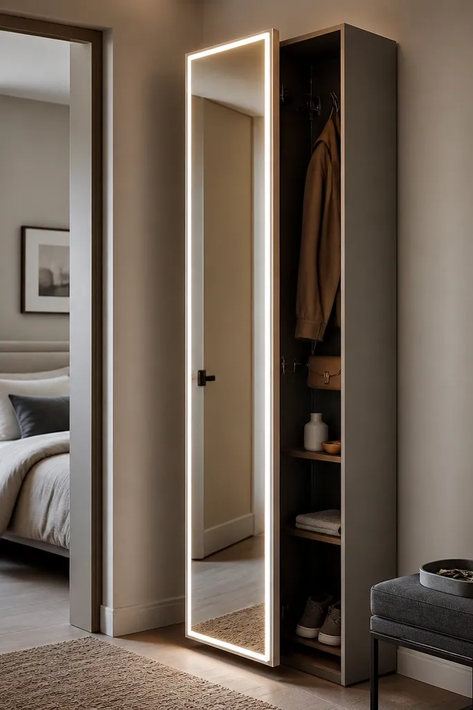 A tall mirror cabinet stands near the bedroom entrance. The mirror has LED strips along the frame edges, and the cabinet doors open to reveal hanging hooks and small shelves. A small bench sits nearby with a tray for keys.