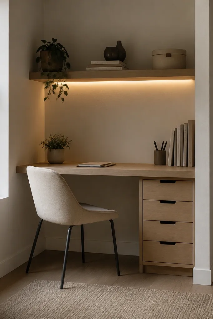 A small corner nook has a slim desk with a drawer unit underneath. Above the desk is a shelf with items, and an LED strip runs underneath the shelf toward the desk surface. A warm desk lamp is not needed because the shelf LEDs light the work area.