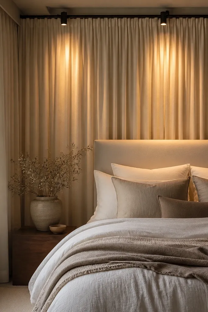 A bedroom has floor-to-ceiling curtains in warm cream. On the curtain rod, two small puck lights point downward toward the bed. The bed has layered bedding, and the lights create a soft glow on the headboard area.