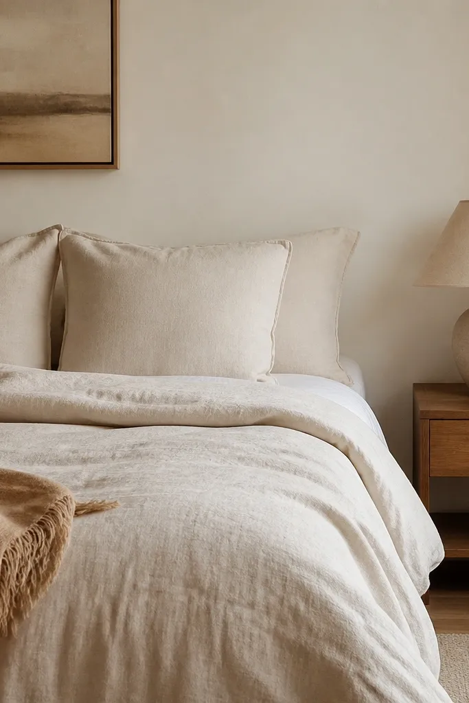 Bedroom wall painted warm off-white. Bed has an oatmeal linen duvet with visible slub texture, a white cotton fitted sheet peeking slightly at the edge, two cream square shams, and one folded throw in light camel. A slim wood nightstand sits on the right with a beige ceramic lamp.