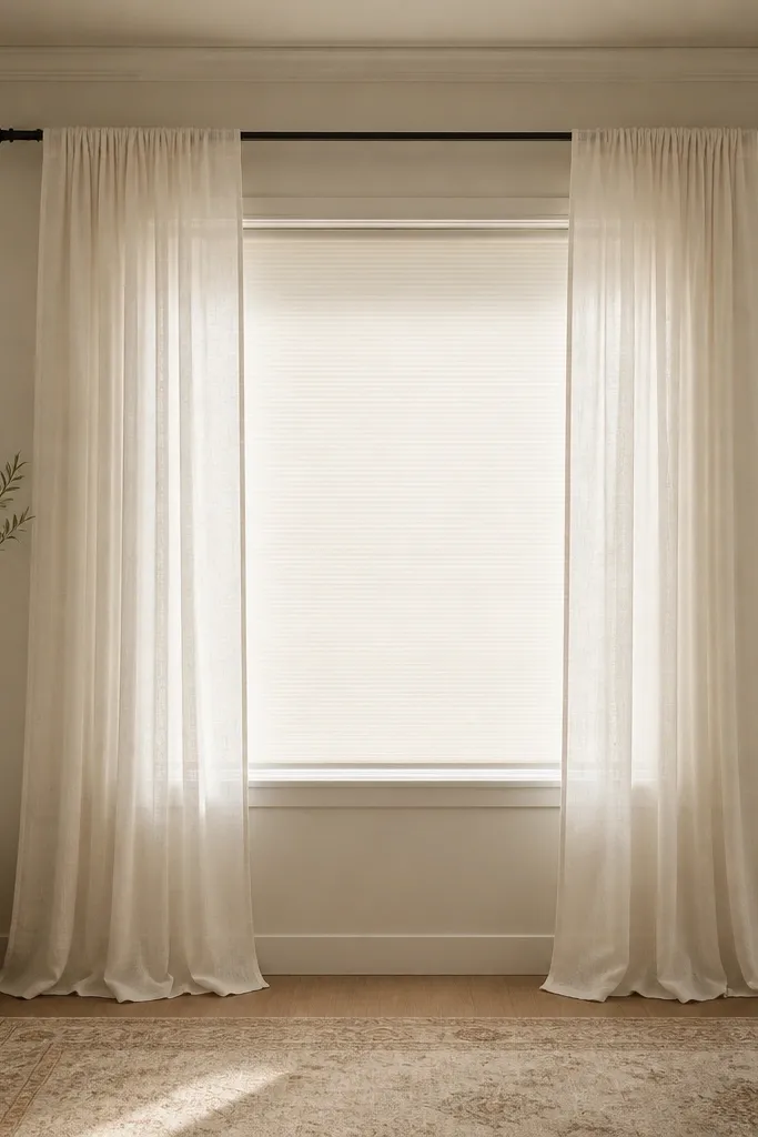 Window with sheer white curtains hung high, pooling slightly on the floor. Behind the sheers, a roller shade is fully closed for privacy. The curtain rod is mounted 5 inches above the frame and extends 6 inches past each side.