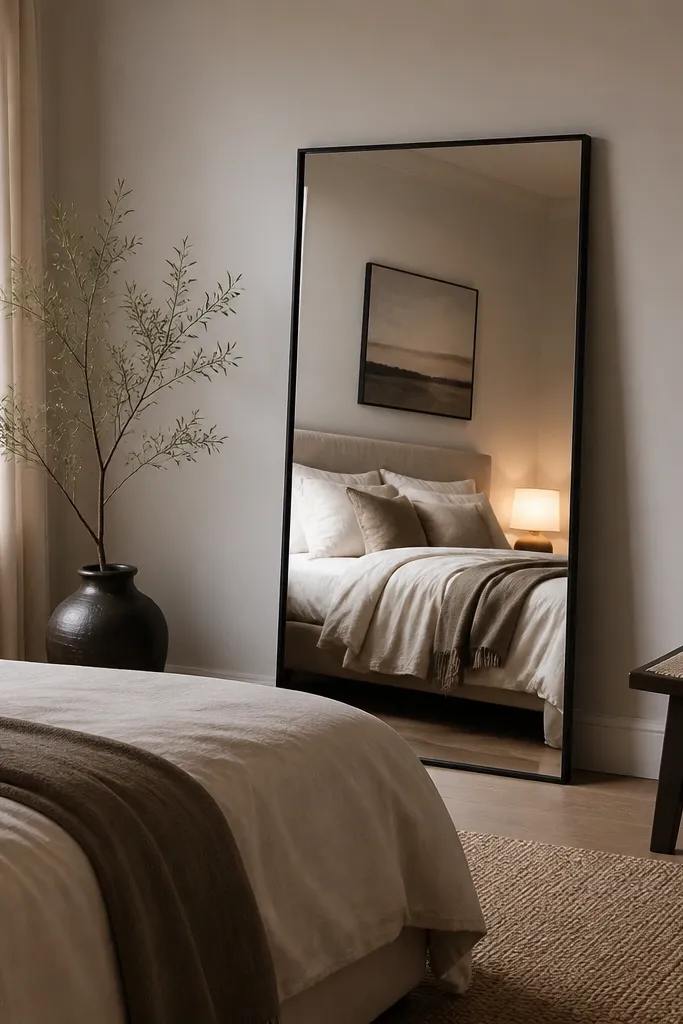 A tall rectangular mirror with thin black frame leaning on a wall across from the bed. The reflection shows the bed's headboard and a soft lamp glow. The mirror is about two-thirds the height of the wall.