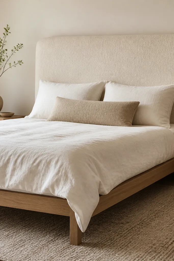 Bed with a tall bouclé headboard in warm cream. The bed frame is simple light wood. Two pillows are in off-white and one lumbar pillow is in sand. A textured rug lies under the bed in low pile.