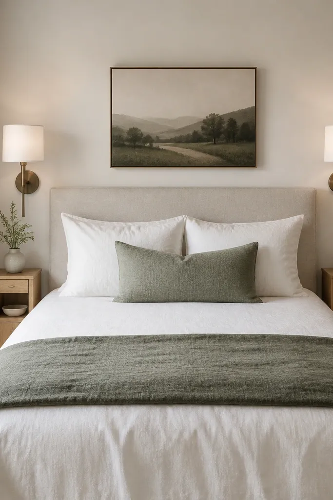 Two narrow white oak nightstands, each about 12 inches wide. Above each is a wall sconce with a fabric drum shade. The bed has a white duvet and a muted green throw.