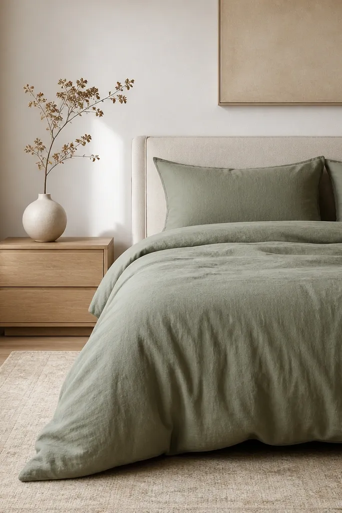Bed dressed in sage green duvet and pillowcases. A white ceramic vase sits on the nightstand with a single dried branch. The rug is light beige with subtle pattern.