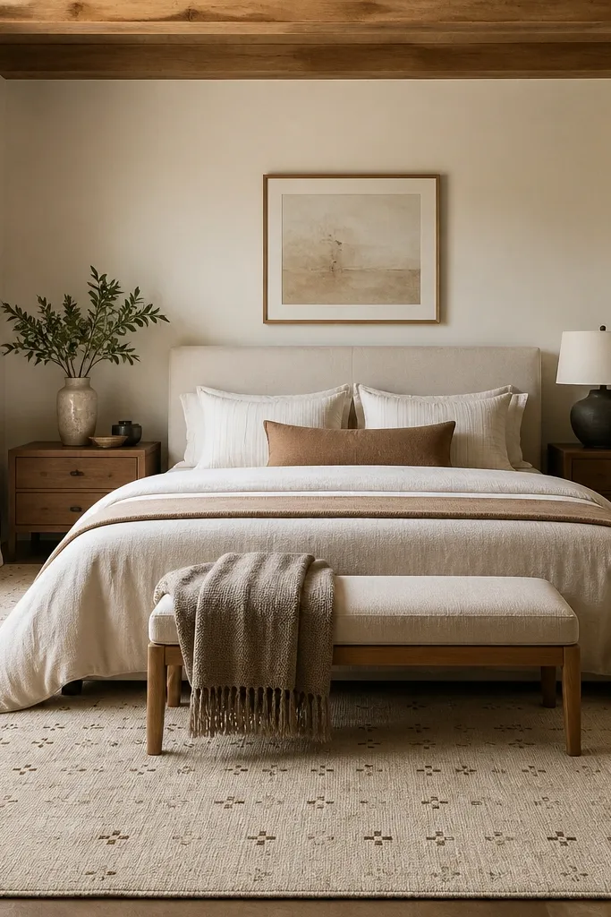 Low-pile rug in warm cream with small-scale geometric pattern. It extends under the bed and out beyond the sides. The floor is visible at the edges only slightly.