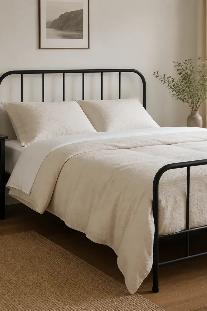 A black metal bed frame with thin bars. Bedding is warm white: off-white duvet, crisp white sheet edge, and two pillows with subtle texture. A matte black photo frame sits on the nightstand.