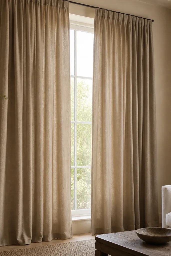 Window covered with full-length warm taupe linen curtains. The rod is mounted high. The curtains have soft natural folds and a slight sheen-less texture.