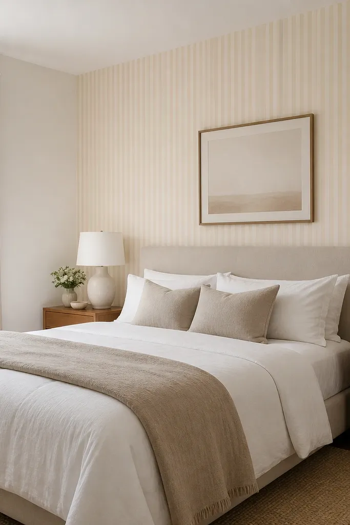 One accent wall behind the bed has a subtle vertical stripe wallpaper in warm cream and light beige. The rest of the walls are plain off-white. The bed has a simple headboard and minimal art above.