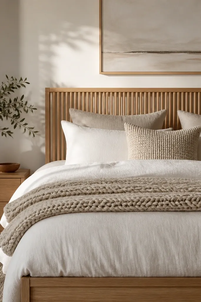 Bed with white oak slat headboard and frame. A chunky knit cream throw is folded over the foot. Pillows are layered in cream and oat, with one pillow in a waffle-texture cover.